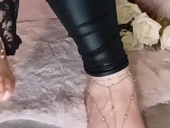 Sensual Foot Play, Black Lace & Golden Jewelry