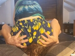 Real couple engages in pussy-smothering in shorts until he reaches orgasm