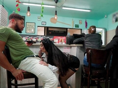 Raven-haired bitch Marina Maya pleasures 2 cocky guys in the kitchen