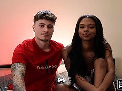 Watch this muscular stud destroy a young ebony babe's tight pussy with his massive white dick