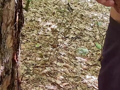 Pissed on the Tree. Naked Walk in the Woods