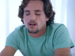 The Male Masseur Scene - young brunette Avery Moon appreciates the massage and gives blowjob