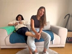 My girlfriend indulges her fetish by worshipping my sweaty feet until I orgasm