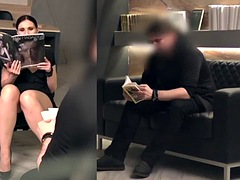 Lassie plays a prank on a man by teasing him with her naked pussy