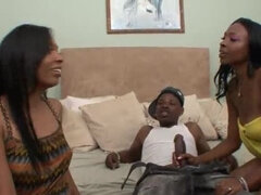 Angry BBC gets double blowjob from big booty ebony amateurs in homemade orgy