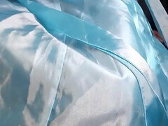 Asian Cross Masturbate and Cum Wearing Satin Shiny Blue Gown