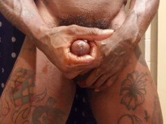 Thick cock Hallelujah Johnson strokes himself up close with hairy body in focus