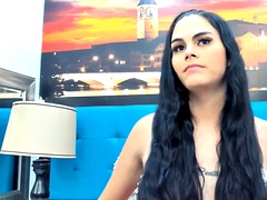 Beautifully shirtless shemale jerks off her huge cock