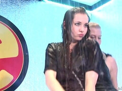 Drunk blonde MILF sucks dick in public