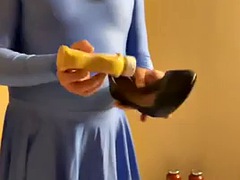 Crossdresser fills leotard with pasta sauce and piss