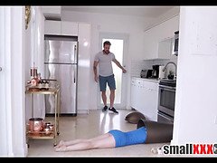 Little dark haired teenage Bambi Black stuck in trash can fucked by her sisters bf