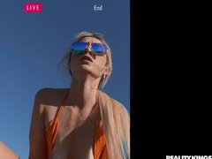 Lewd tiny babe Lilly Bell sucks mammoth penis outdoor