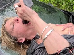 Prostitute Orgasma-Celeste gets a wet outdoor cumshot on her car in the rain