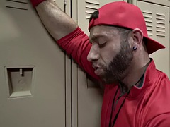 Athletic stud in the locker room bareback fucks skinny twink