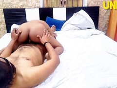 Newly married Indian couple gets steamy on their honeymoon, wife in a black saree while hubby rocks her hard