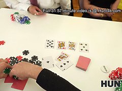 POV reality game with a pierced-nippled brunette in a poker game with her cuckold hubby