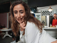 Slutty waitress Scarlett Page fucks with a lucky guest