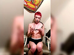 punk chokes themself and rams underpants in facehole while smoking