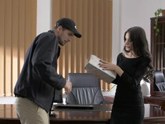 CEO Sasha Rose masturbates with a bbc dildo then fucks the delivery guy