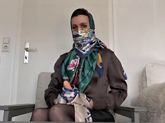 Trying on a scarf and a fabric mask - today youre on jerk-off duty!