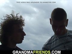 Two horny dudes take turns on hot blonde grandma in wild outdoor sexcapade