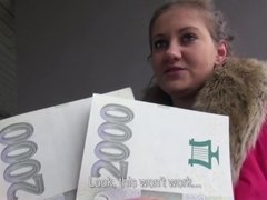 Camera crew offers this lovely girl some money for a quick blowjob