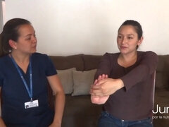 Latina is helped to squeeze milk out of her big round breasts