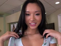 Oriental dark haired sweetie Alina Li gives a nice handjob with joy