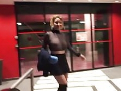 Flashing no panties by going to the cinema