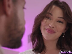 Brunette transsexual Emma Rose in a scene with Rodrigo