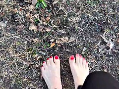 Sexy Feet Woman Barefoot Outdoors Walking Dirty Soles Red Nails Foot Fetish No Talking