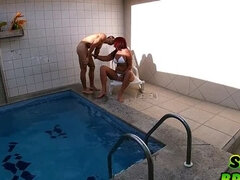 Hot MILF with Colored Hair Gets Poolside Massage and Fucked Hard