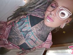 Petite glasses-wearing nerdy TATTOO teen gets rough anal and facial cumshot