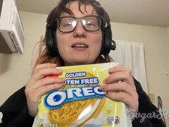ASMR food crushing with big tit brunette in glasses wearing sweater and gloves