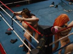 Wrestling tag team match ends with nasty lesbian foursome