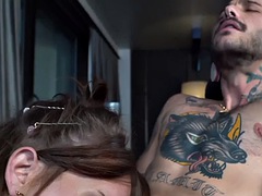 Busty tranny milf in high heels gets sucked off by man and gets her pussy licked