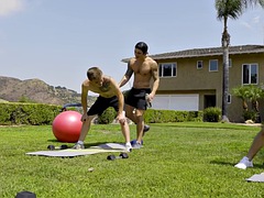 Bareback yoga twink fucked by boyfriend at home after outdoor blowjob