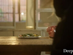 Blondine, Blasen, Paar, Hundestellung, Küssen, Reiten, Rasiert, Titten