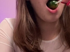 Naughty glasses girl gives a saliva-drenched blowjob and pussy licking