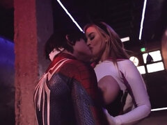 Busty blonde babe blows Spider Man and rides his hard dick