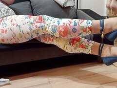 Crossdresser Dangling in Sexy Blue Jeans Pointed Toe High Heels Pumps with Ankle Strap