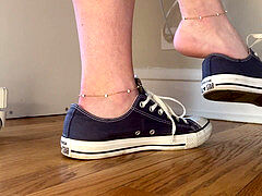 Barefoot dangling, sneaker shoeplay, foot tease