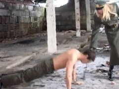 Russian police woman ballbusting and humiliating sub outdoors