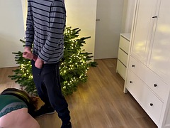 Mother-in-law bent over the Christmas tree doggy style and received hot cum on her ass