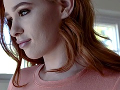 Submissive redhead with huge tits Scarlett Snow welcomes her husband with a strap - TeamSkeet