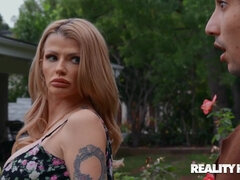 A super busted housewife seduces a guy while her husband is away