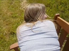 Hot outdoor sex and blowjob on a public park bench