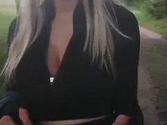 SIssyjenny88 Amateur crossdresser with huge big tits alone outdoor walk part 2 tight leggings jogger