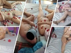 Amateurs enjoy a sensual body oil massage as wife gives a handjob until I cum