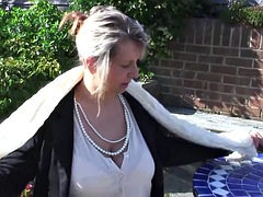 British housewife Alexa shows her big natural tits and masturbates outside